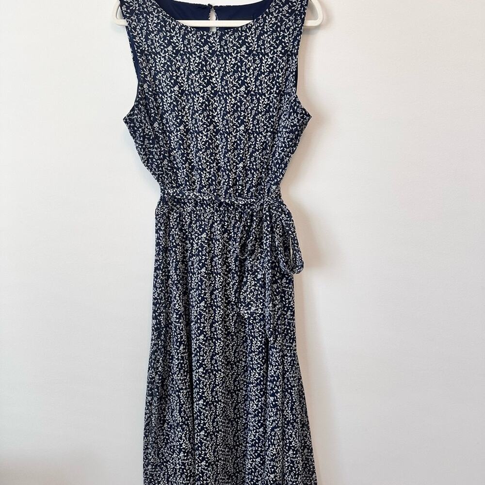 MSK Midi Dress Women's Size 16 Navy/Cream Floral Lined Belted Waist Keyhole Back